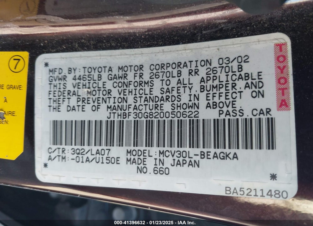 2002 LEXUS ES 300 VIN: JTHBF30G820050622