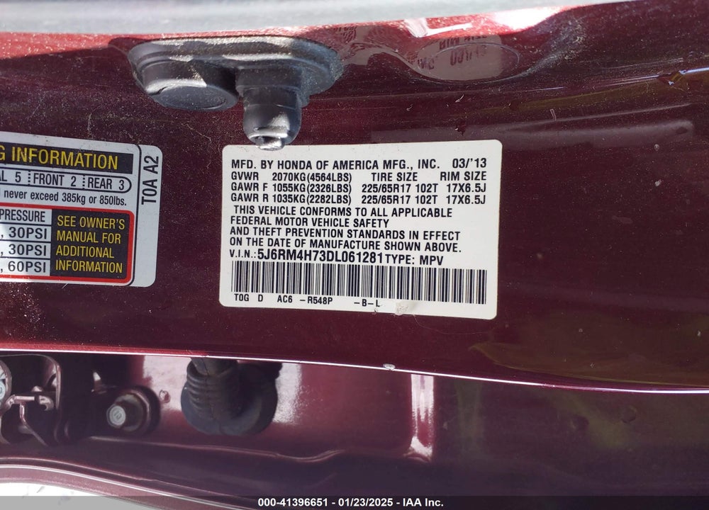 2013 HONDA CR-V EX-L VIN: 5J6RM4H73DL061281