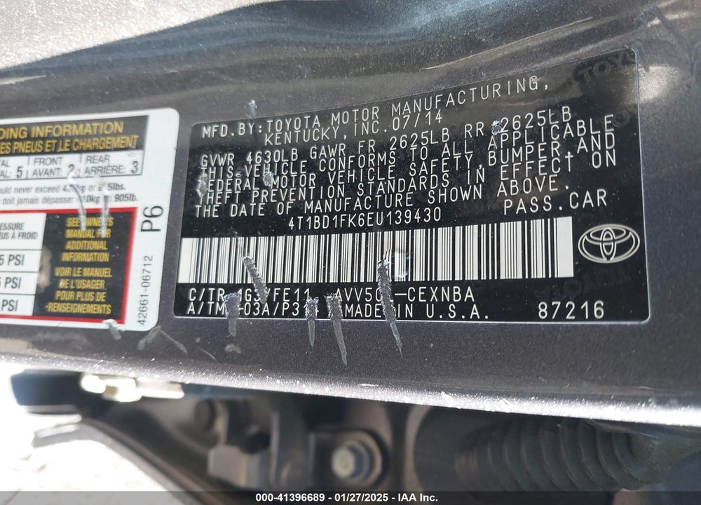 2014 TOYOTA CAMRY VIN: 4T1BD1FK6EU139430