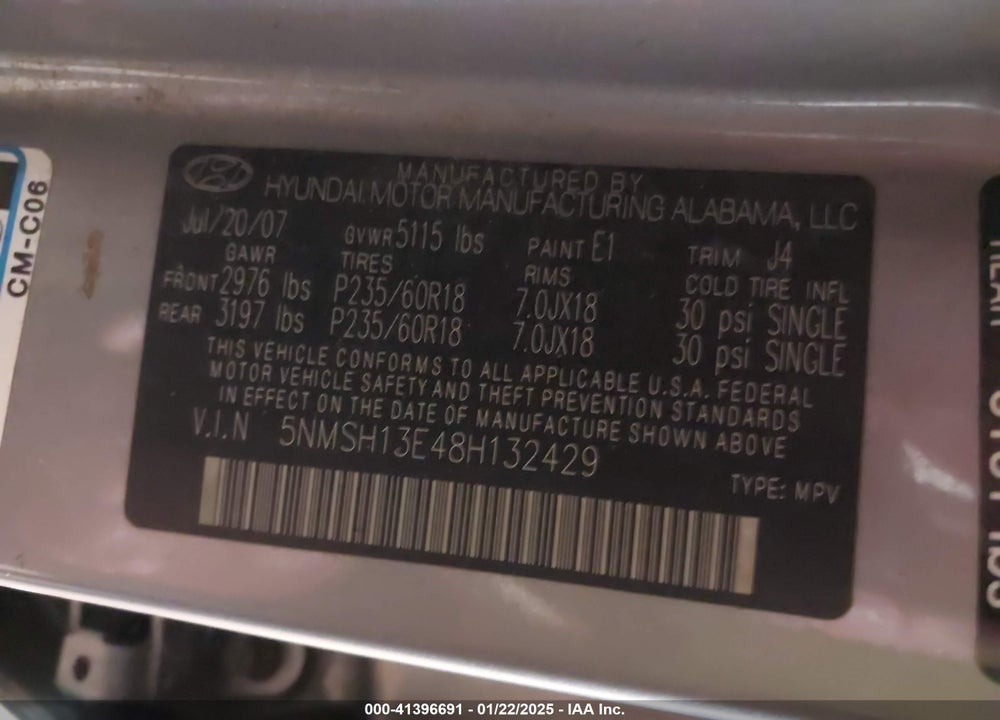 2008 HYUNDAI SANTA FE LIMITED/SE VIN: 5NMSH13E48H132429