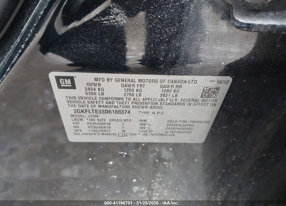 2013 GMC TERRAIN SLE-2 VIN: 2GKFLTE33D6188374