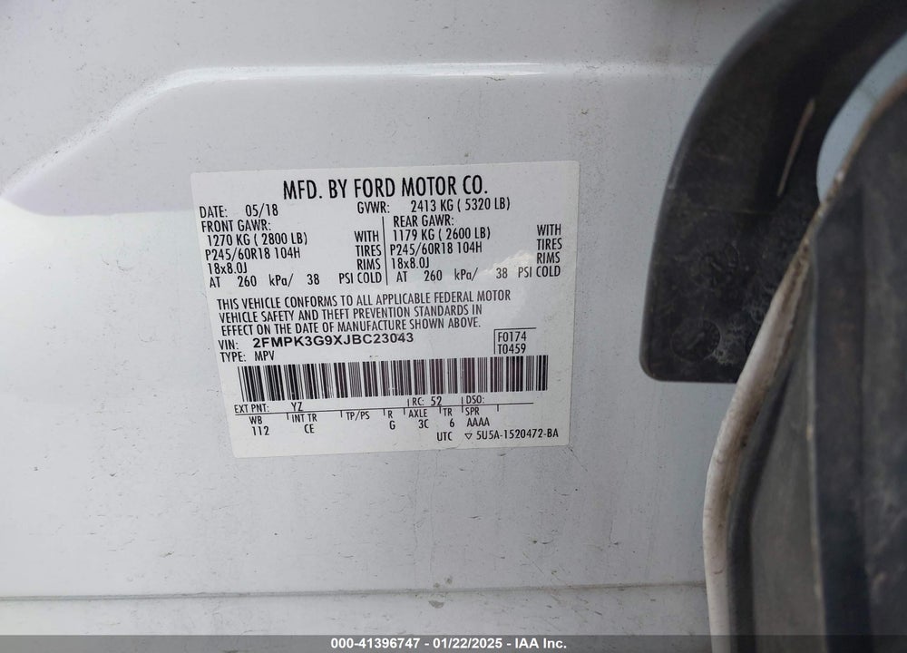 2018 FORD EDGE VIN: 2FMPK3G9XJBC23043