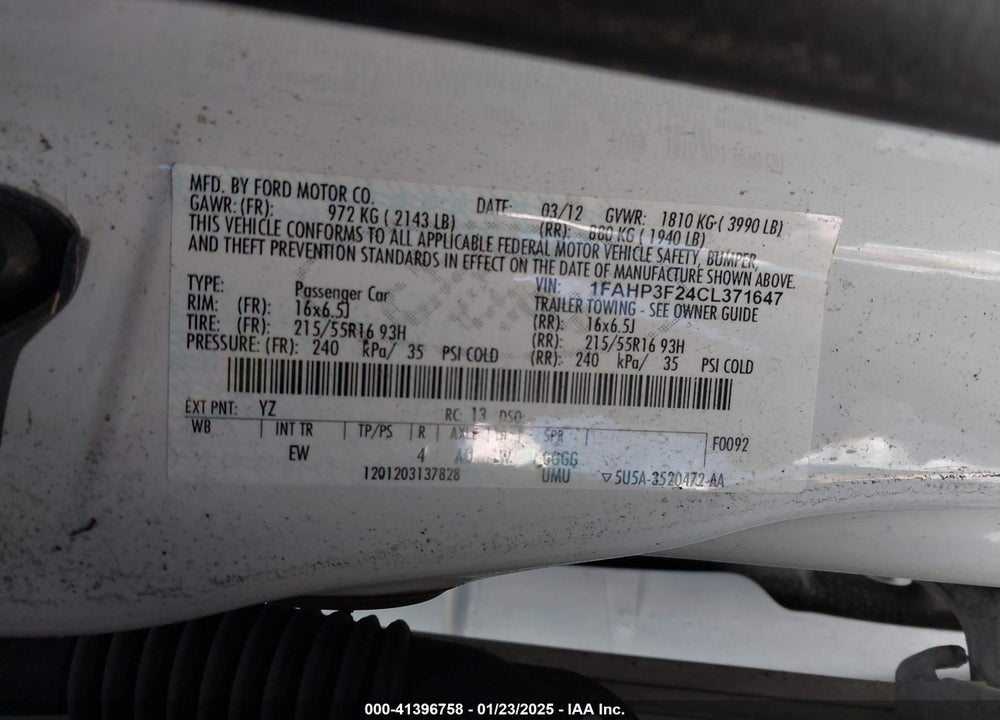 2012 FORD FOCUS VIN: 1FAHP3F24CL371647