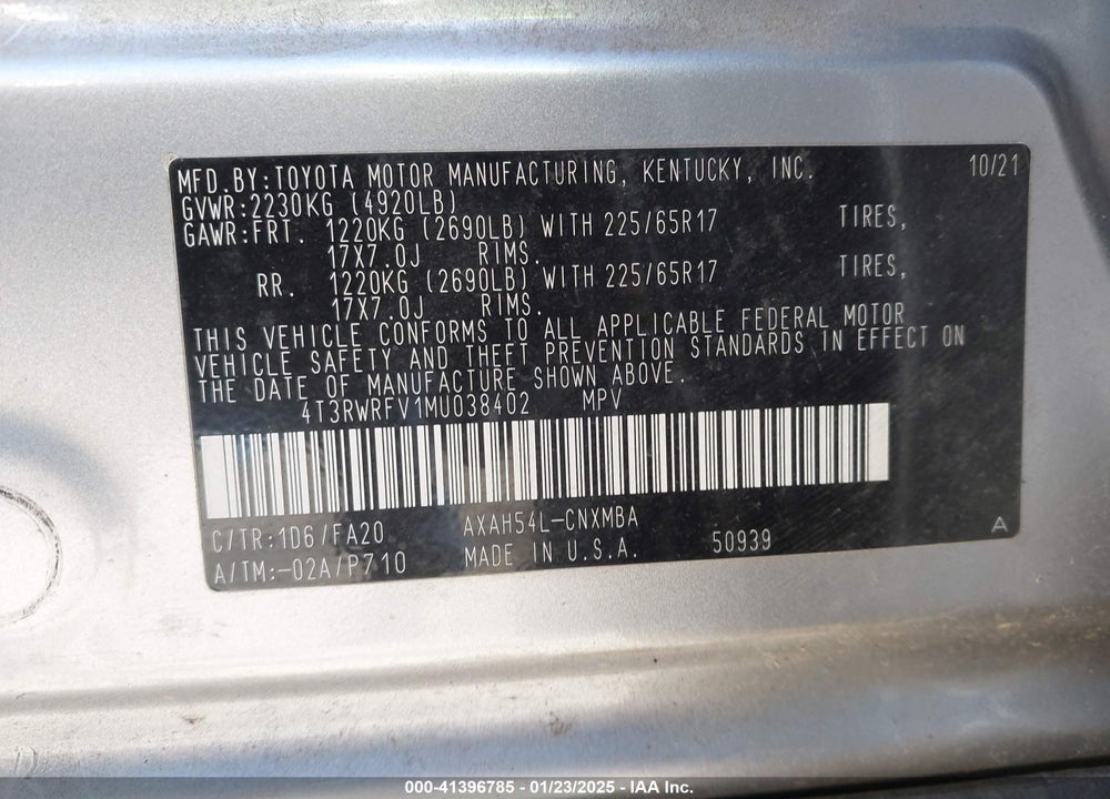 2021 TOYOTA RAV4 HYBRID XLE VIN: 4T3RWRFV1MU038402