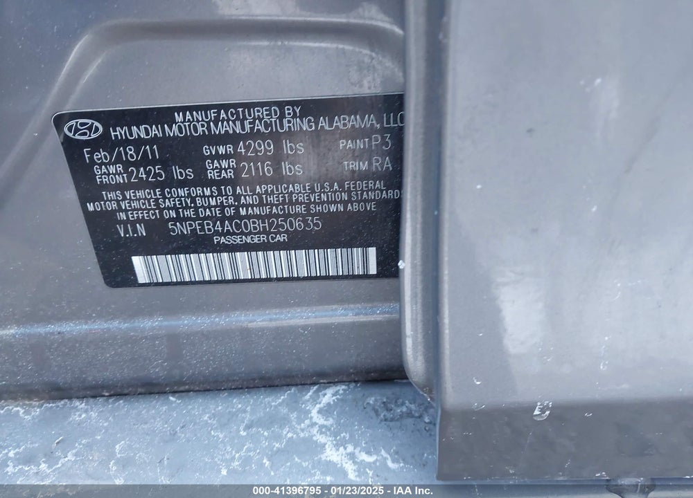 2011 HYUNDAI SONATA GLS VIN: 5NPEB4AC0BH250635