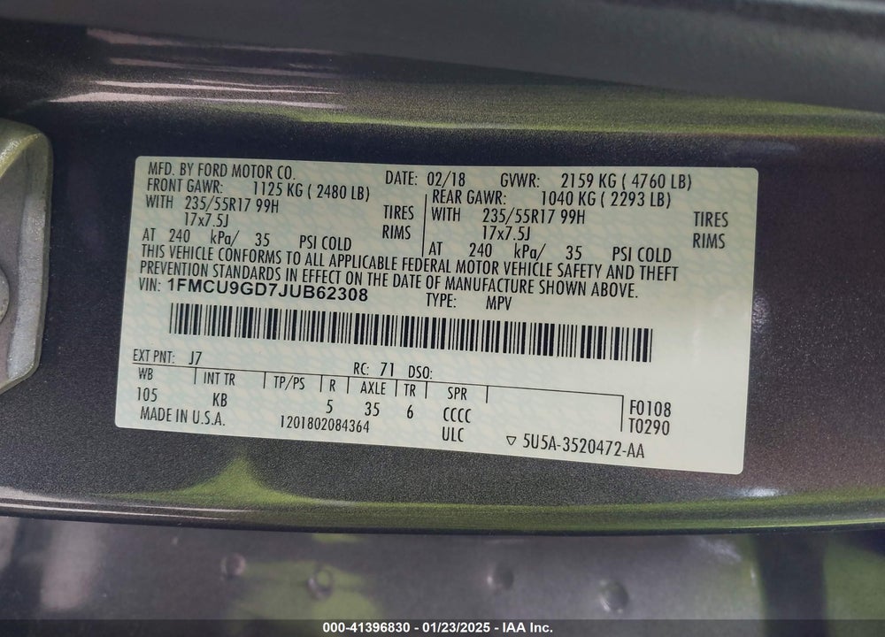 2018 FORD ESCAPE SE VIN: 1FMCU9GD7JUB62308