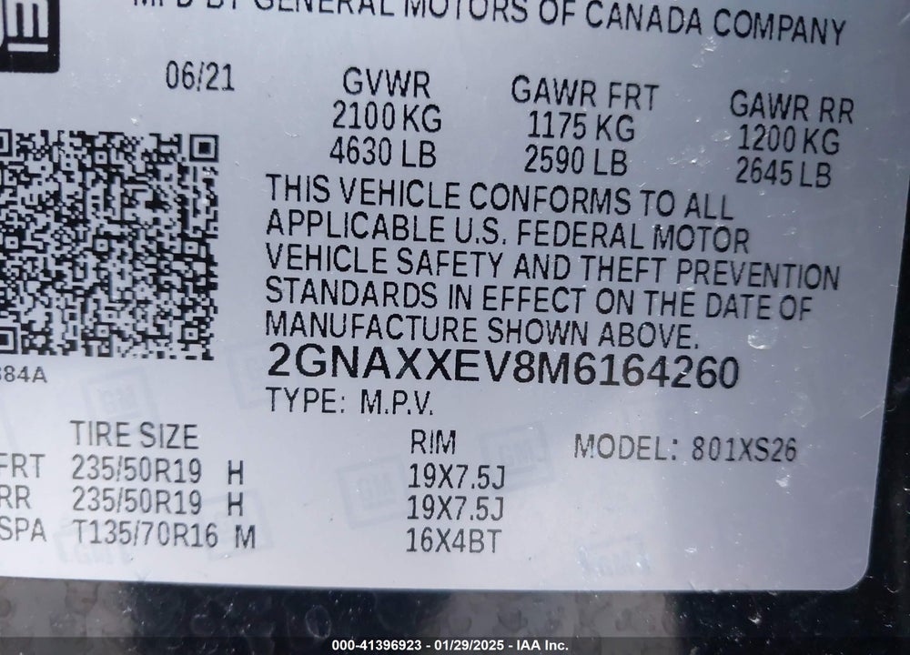 2021 CHEVROLET EQUINOX AWD PREMIER VIN: 2GNAXXEV8M6164260