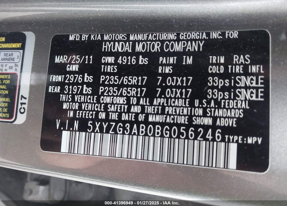 2011 HYUNDAI SANTA FE GLS VIN: 5XYZG3AB0BG056246