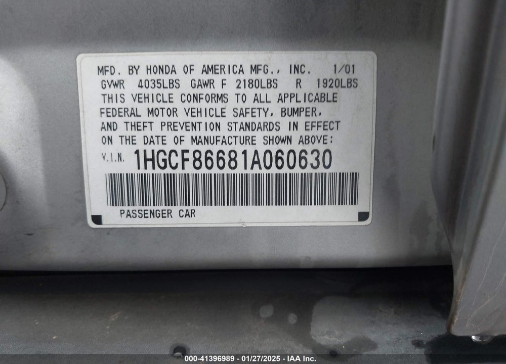 2001 HONDA ACCORD VALUE PACKAGE VIN: 1HGCF86681A060630