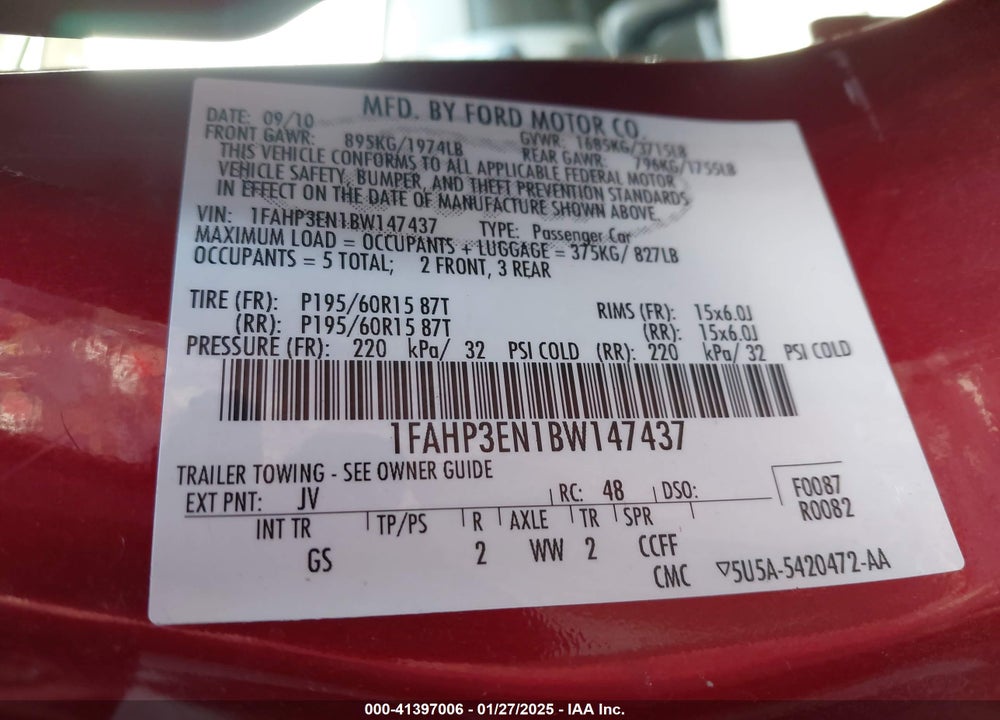 2011 FORD FOCUS VIN: 1FAHP3EN1BW147437