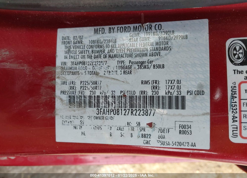 2007 FORD FUSION VIN: 3FAHP08127R223877