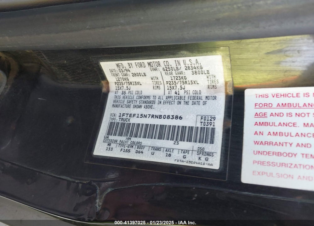 1994 FORD F150 VIN: 1FTEF15N7RNB08386
