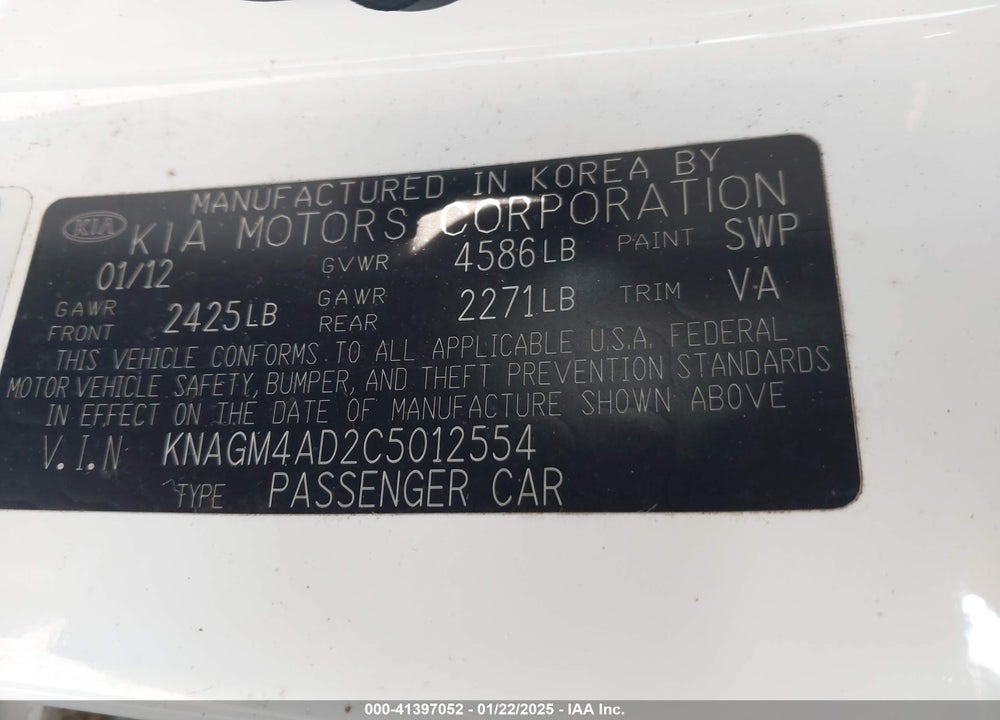 2012 KIA OPTIMA HYBRID VIN: KNAGM4AD2C5012554