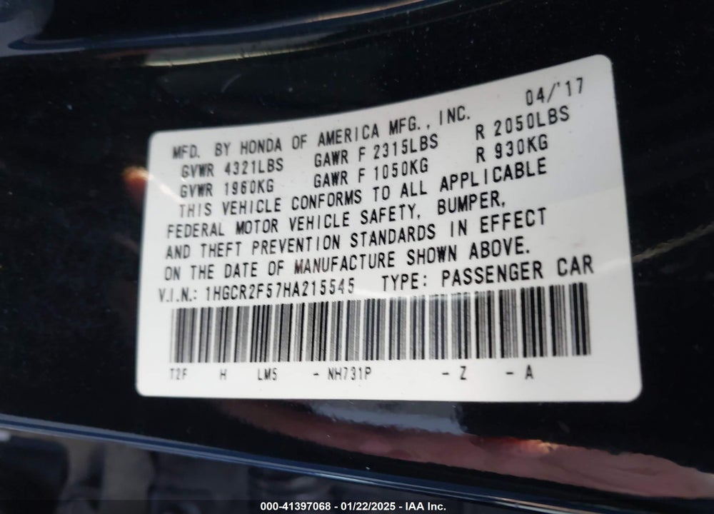 2017 HONDA ACCORD VIN: 1HGCR2F57HA215545