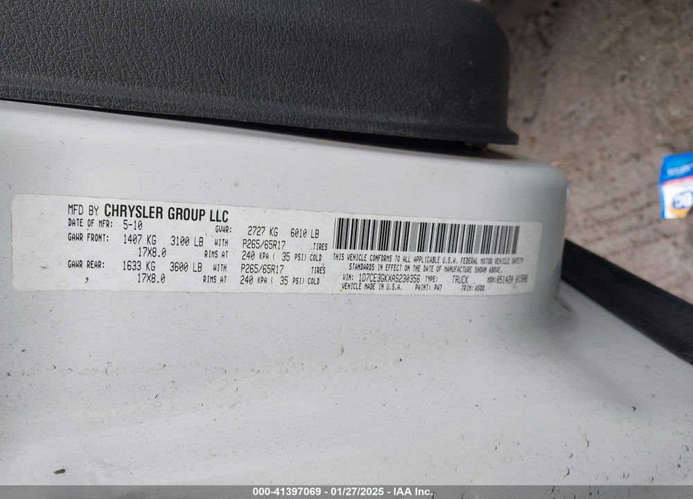 2010 DODGE DAKOTA BIGHORN/LONESTAR VIN: 1D7CE3GKXAS230356
