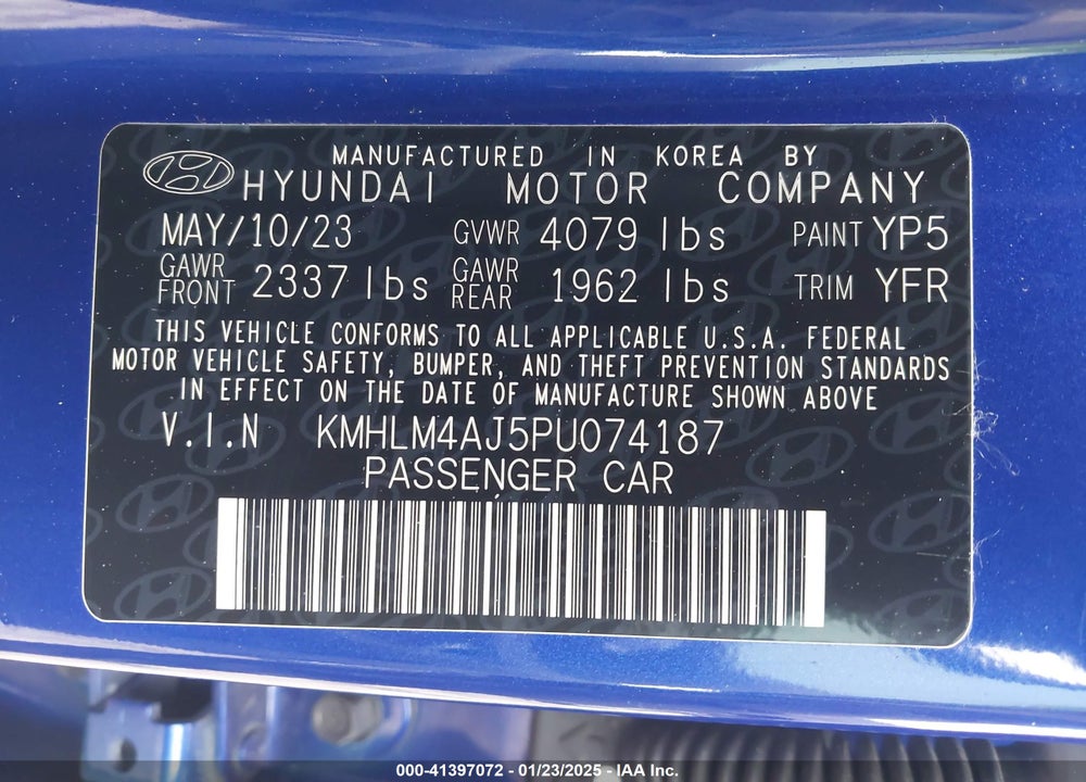2023 HYUNDAI ELANTRA HYBRID VIN: KMHLM4AJ5PU074187