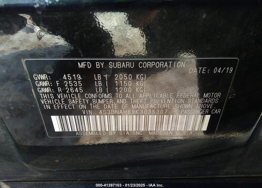 2019 SUBARU LEGACY VIN: 4S3BNAH69K3035307