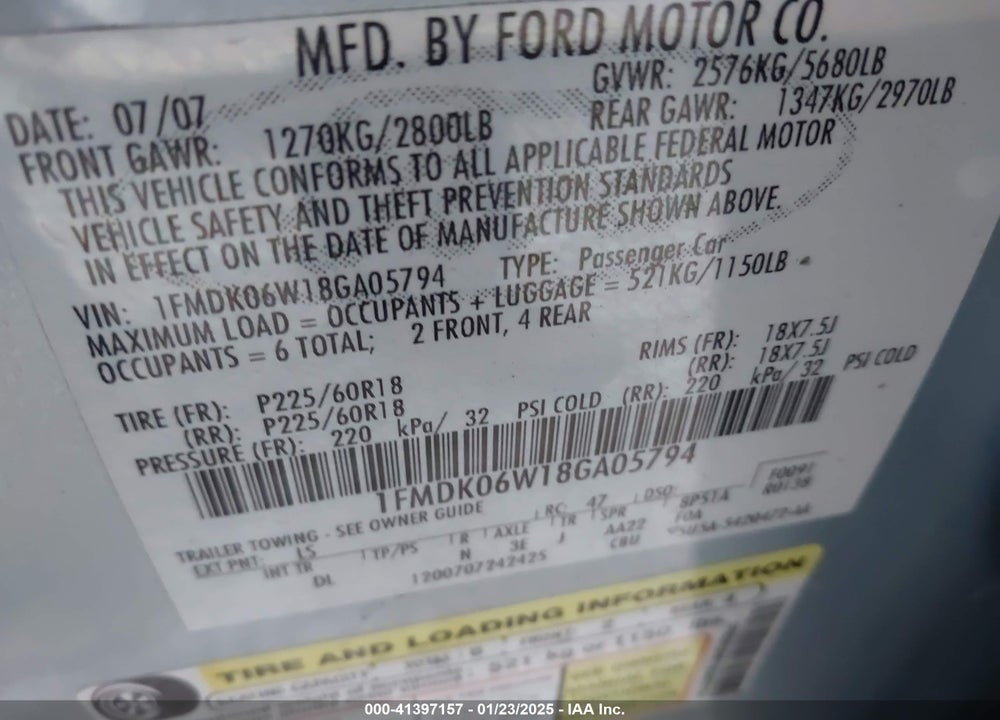 2008 FORD TAURUS X LIMITED VIN: 1FMDK06W18GA05794