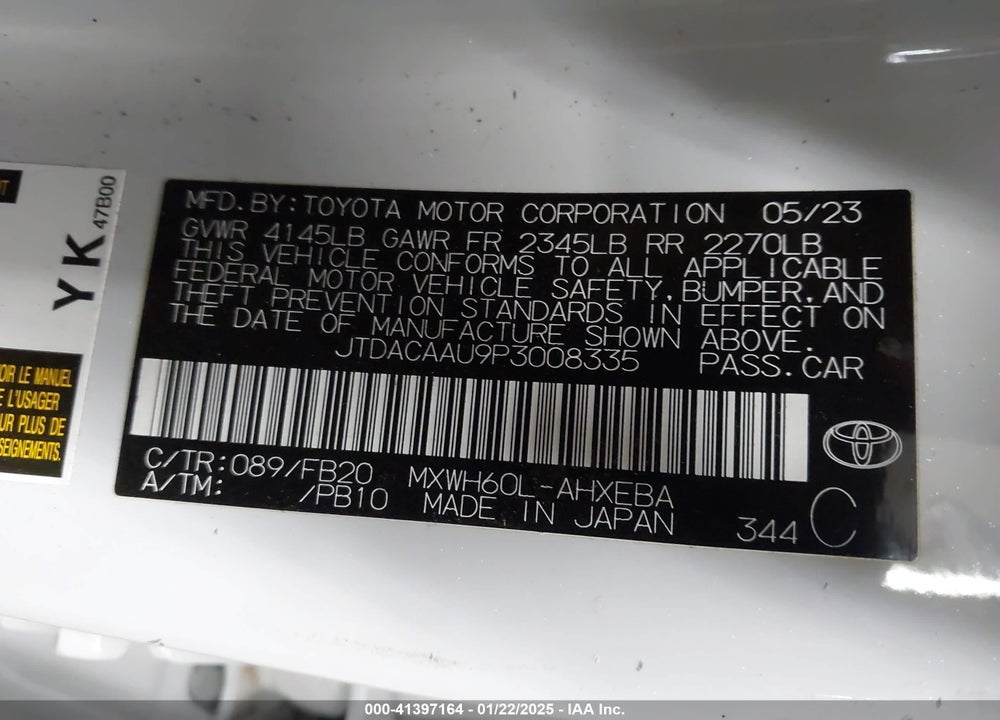 2023 TOYOTA PRIUS VIN: JTDACAAU9P3008335