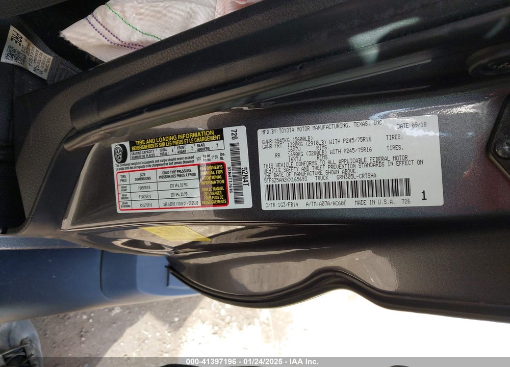 2019 TOYOTA TACOMA SR V6 VIN: 5TFSZ5AN2KX165693