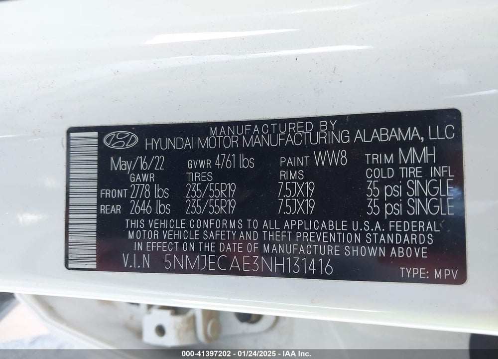 2022 HYUNDAI TUCSON LIMITED VIN: 5NMJECAE3NH131416
