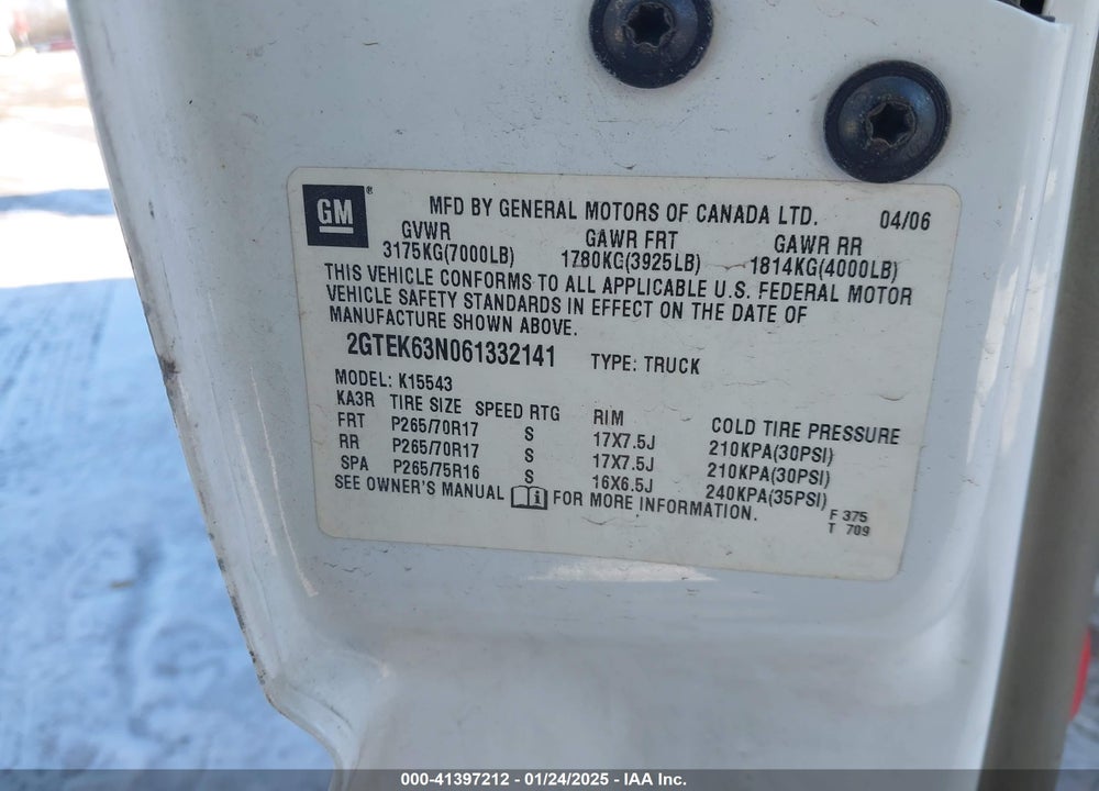 2006 GMC SIERRA 1500 VIN: 2GTEK63N061332141