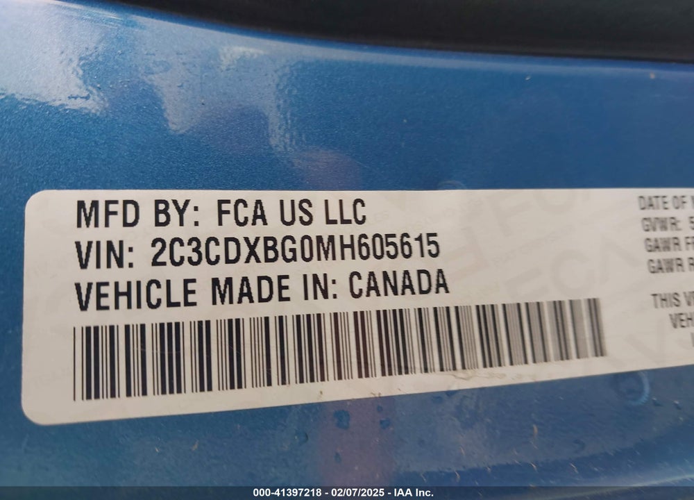 2021 DODGE CHARGER VIN: 2C3CDXBG0MH605615