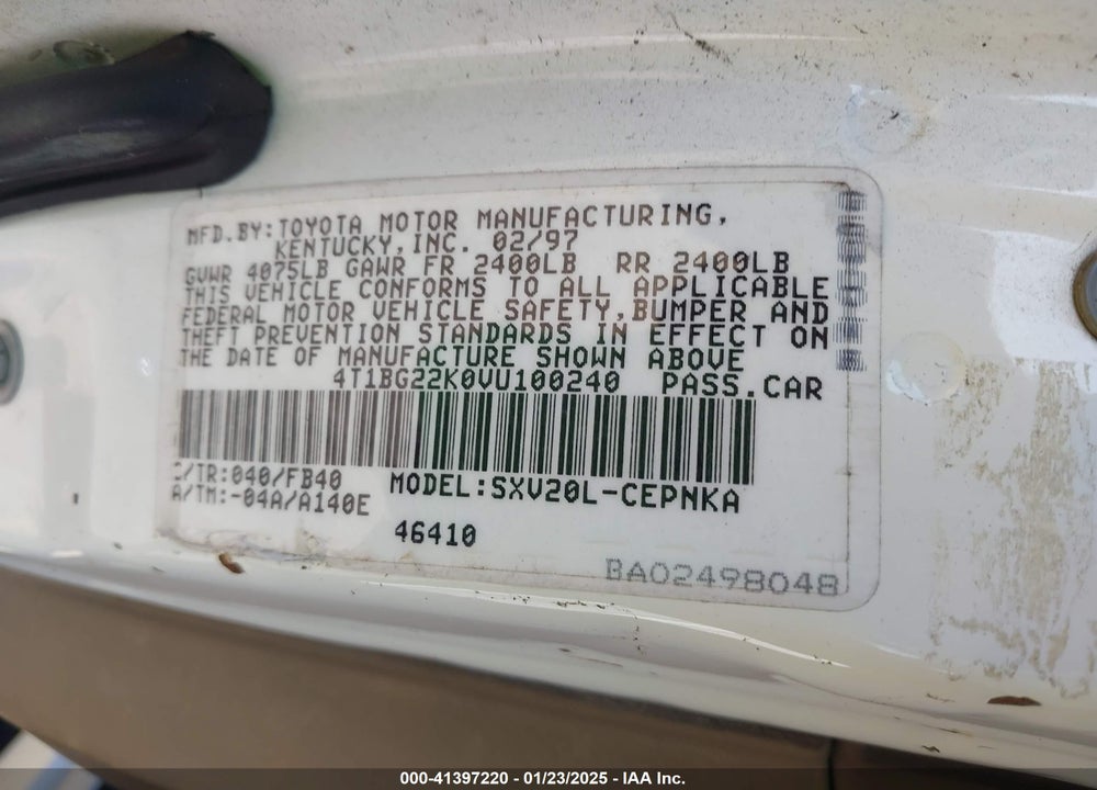 1997 TOYOTA CAMRY LE VIN: 4T1BG22K0VU100240