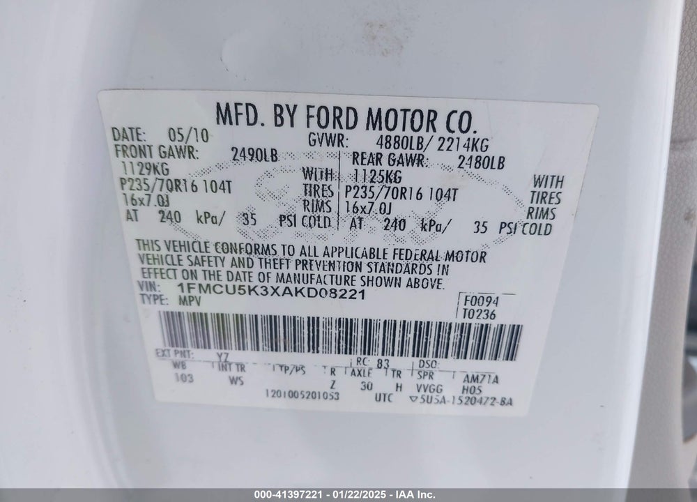 2010 FORD ESCAPE HYBRID VIN: 1FMCU5K3XAKD08221