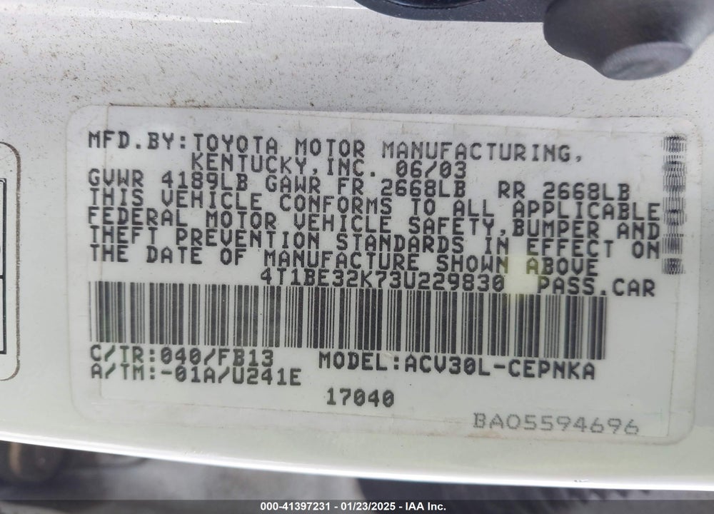 2003 TOYOTA CAMRY LE VIN: 4T1BE32K73U229830