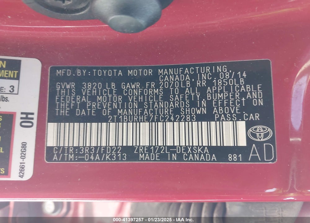 2015 TOYOTA COROLLA VIN: 2T1BURHE7FC242283