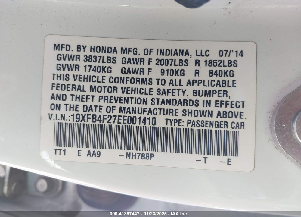 2014 HONDA CIVIC HYBRID VIN: 19XFB4F27EE001410