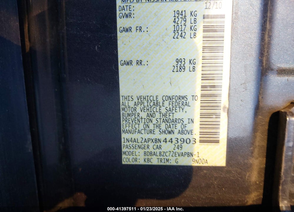2011 NISSAN ALTIMA 2.5 S VIN: 1N4AL2APXBN443903