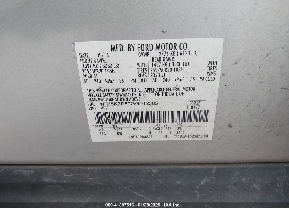 2016 FORD EXPLORER XLT VIN: 1FM5K7D87GGD12385