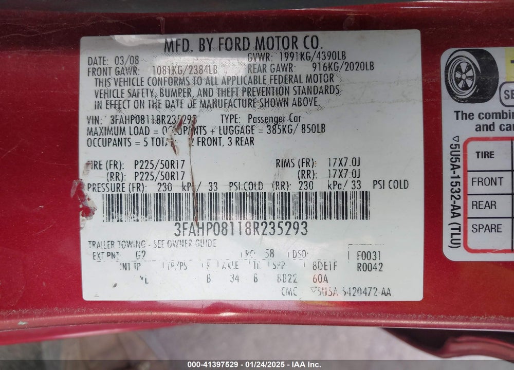 2008 FORD FUSION VIN: 3FAHP08118R235293
