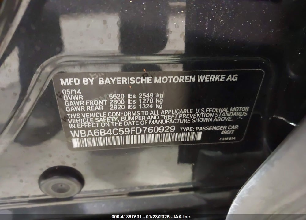 2015 BMW 650I GRAN COUPE XDRIVE VIN: WBA6B4C59FD760929