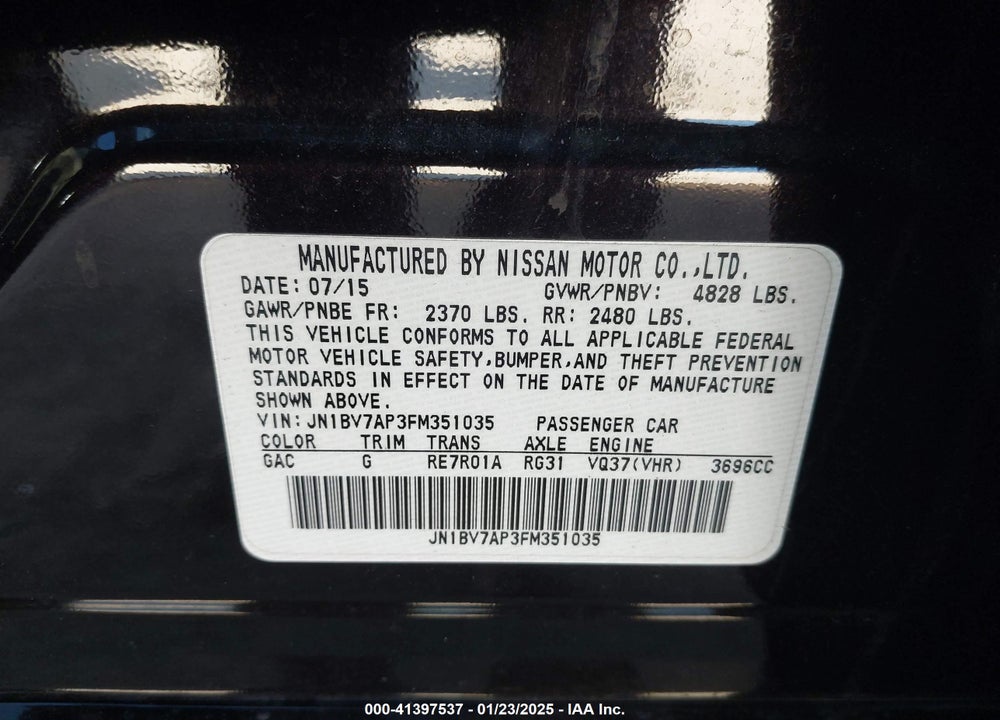 2015 INFINITI Q50 PREMIUM VIN: JN1BV7AP3FM351035