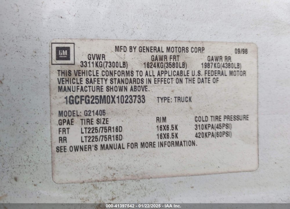 1999 CHEVROLET EXPRESS VIN: 1GCFG25M0X1023733