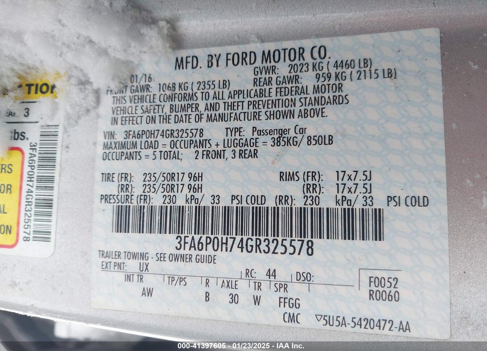 2016 FORD FUSION SE VIN: 3FA6P0H74GR325578