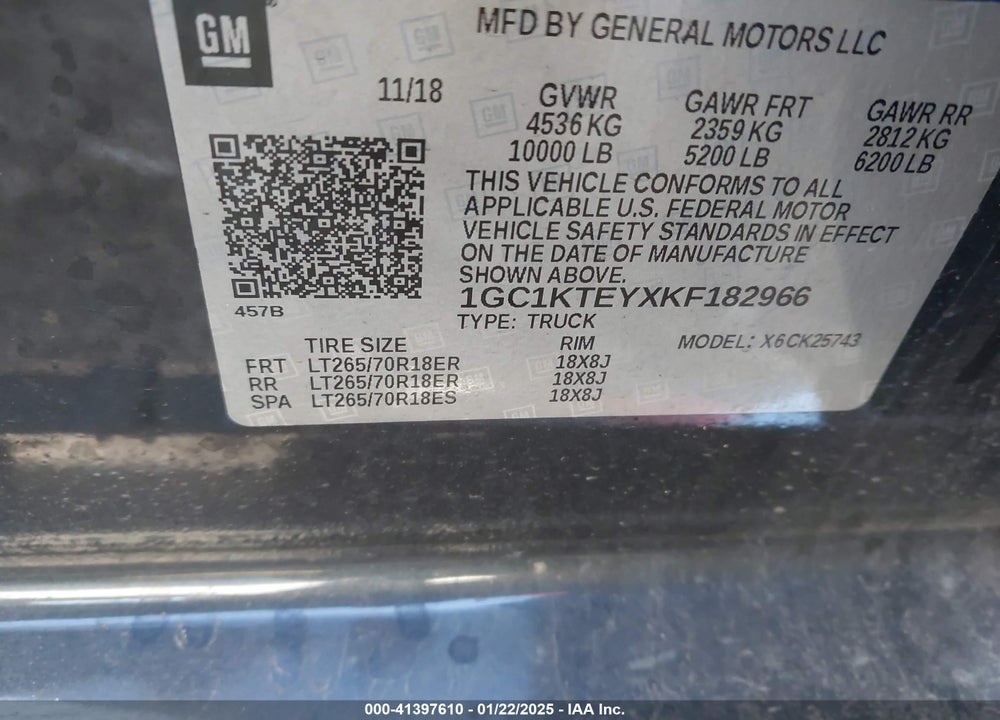 2019 CHEVROLET SILVERADO VIN: 1GC1KTEYXKF182966