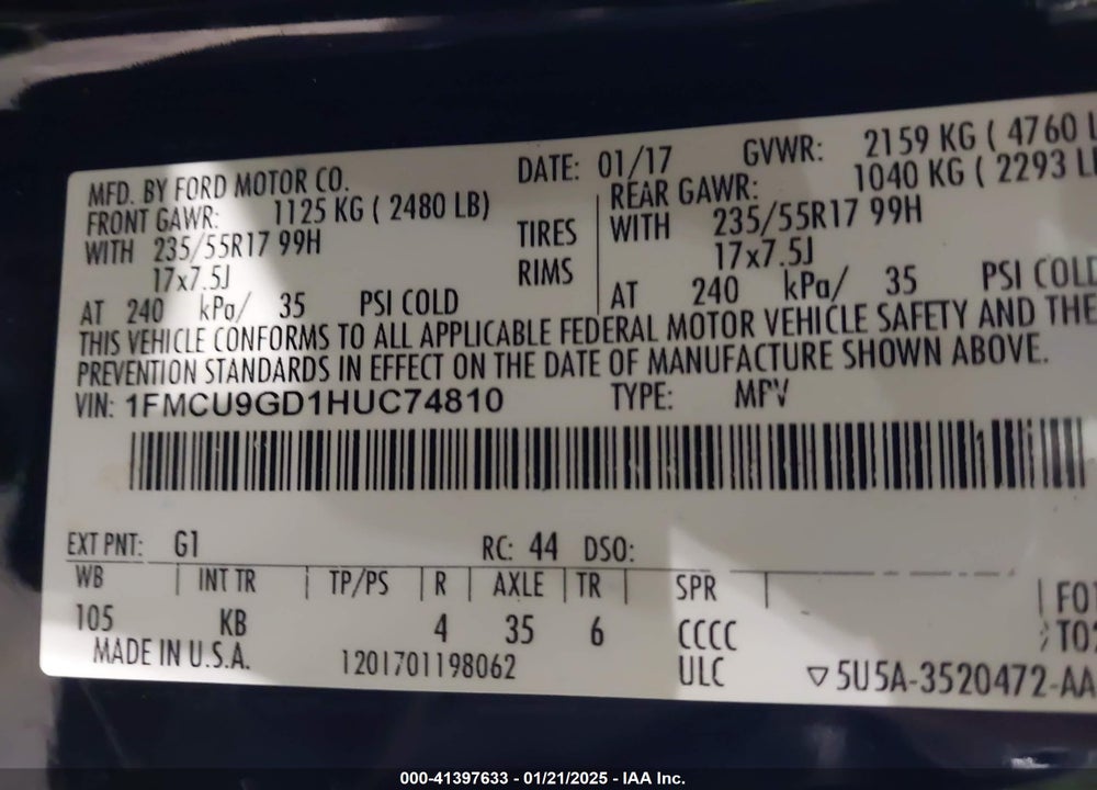 2017 FORD ESCAPE SE VIN: 1FMCU9GD1HUC74810