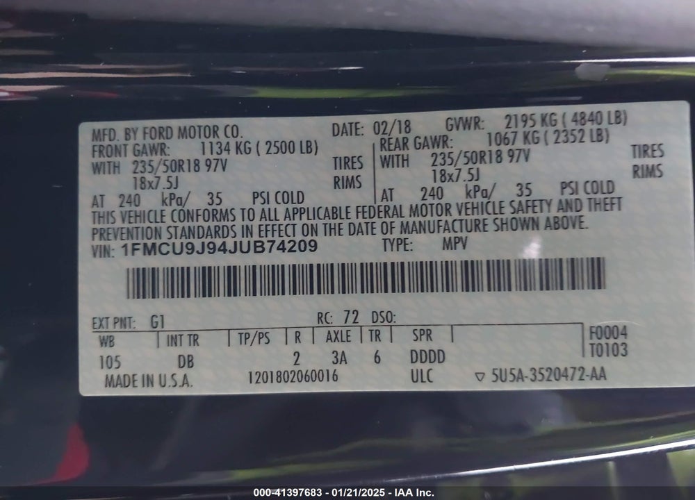 2018 FORD ESCAPE TITANIUM VIN: 1FMCU9J94JUB74209