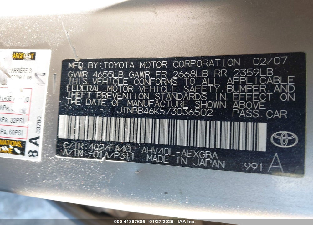 2007 TOYOTA CAMRY HYBRID VIN: JTNBB46K573036502