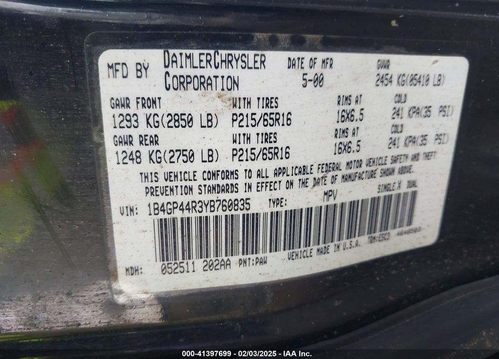 2000 DODGE GRAND CARAVAN SE VIN: 1B4GP44R3YB760835