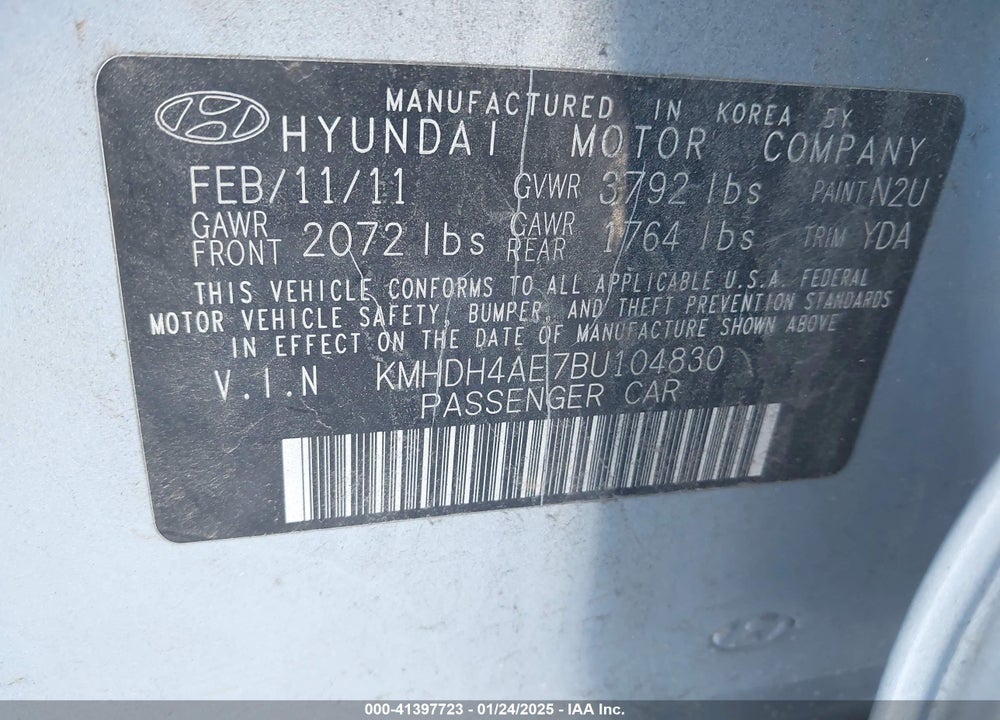 2011 HYUNDAI ELANTRA LIMITED (ULSAN PLANT) VIN: KMHDH4AE7BU104830