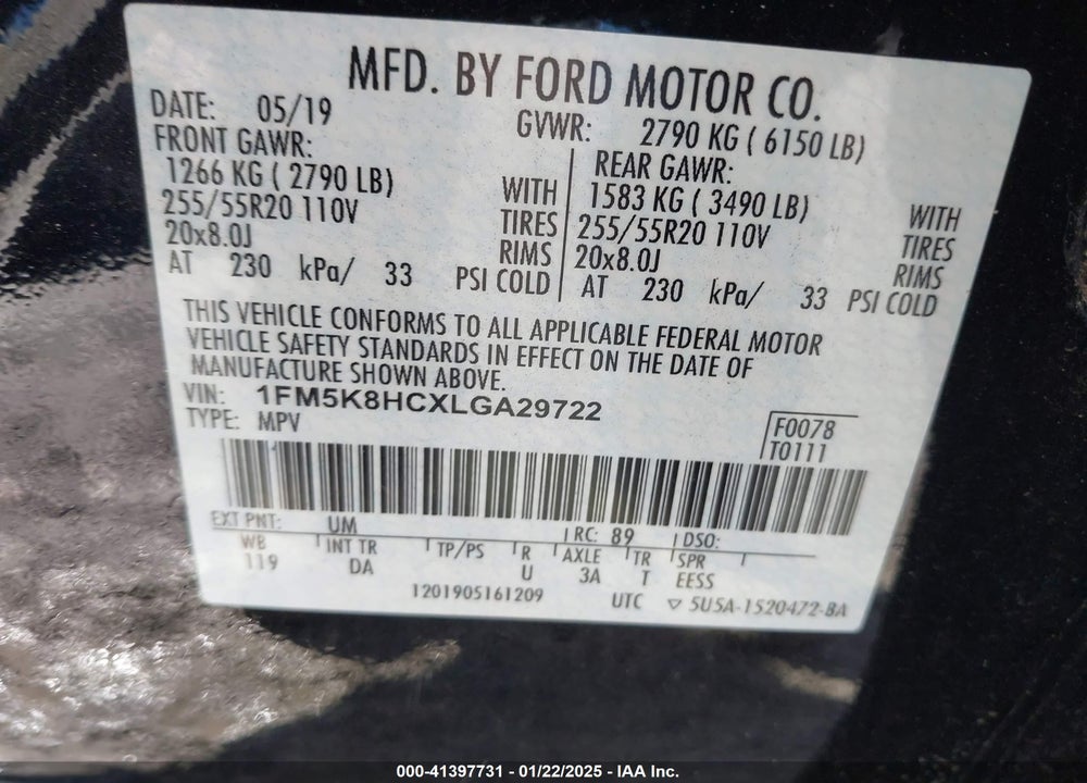 2020 FORD EXPLORER PLATINUM VIN: 1FM5K8HCXLGA29722