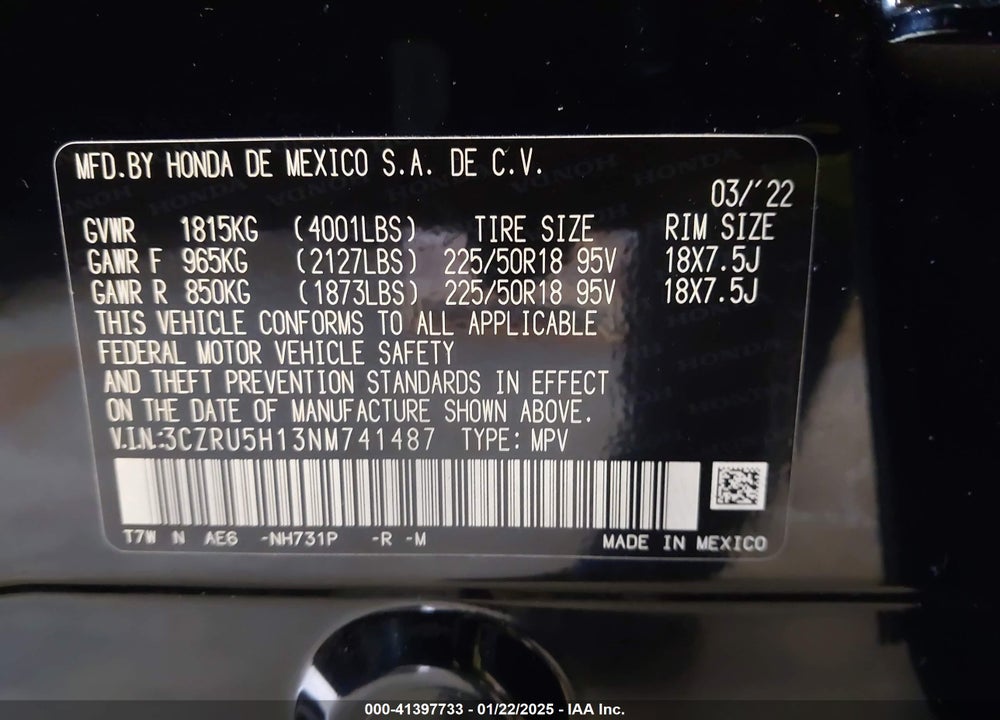 2022 HONDA HR-V 2WD SPORT VIN: 3CZRU5H13NM741487