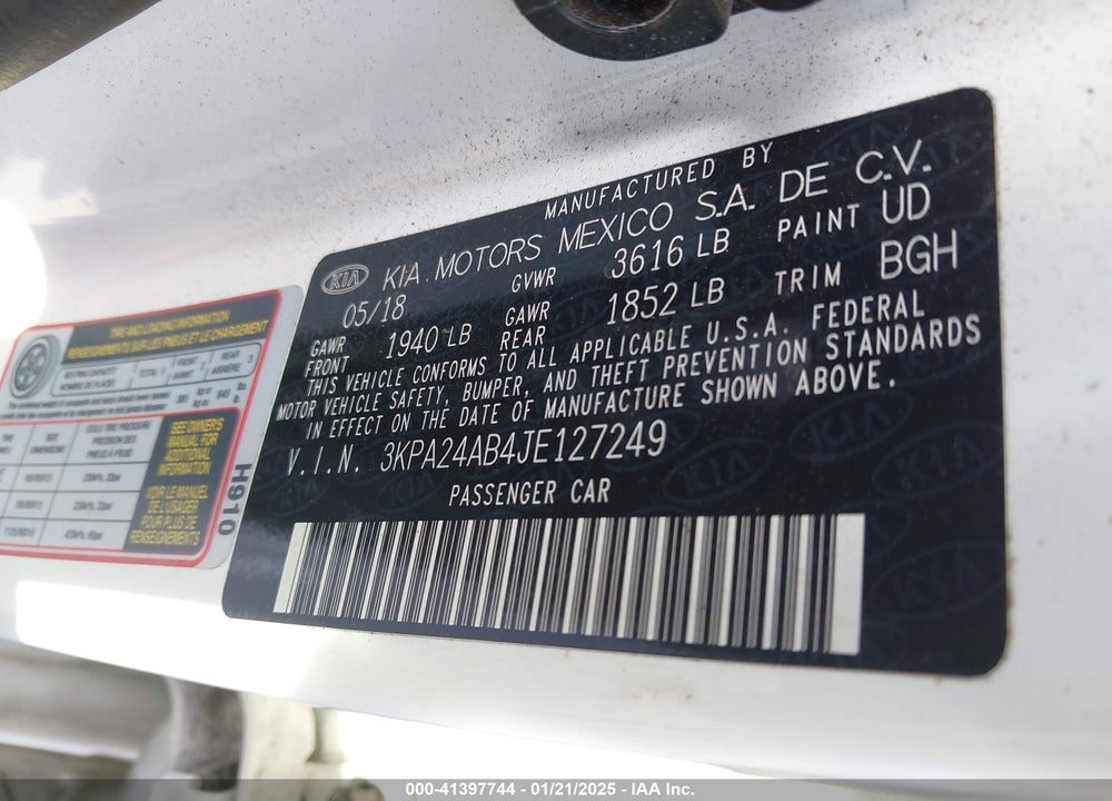 2018 KIA RIO S VIN: 3KPA24AB4JE127249