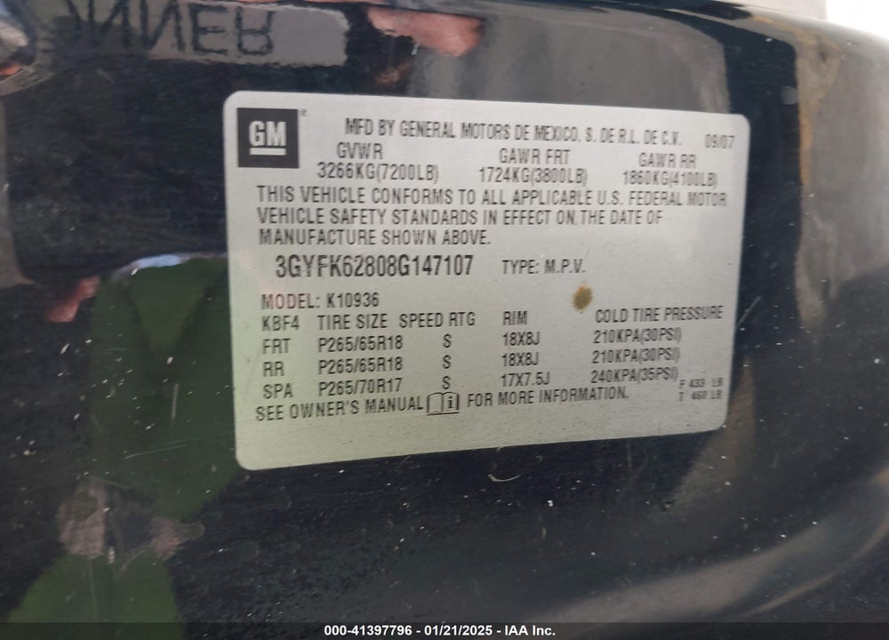 2008 CADILLAC ESCALADE EXT VIN: 3GYFK62808G147107