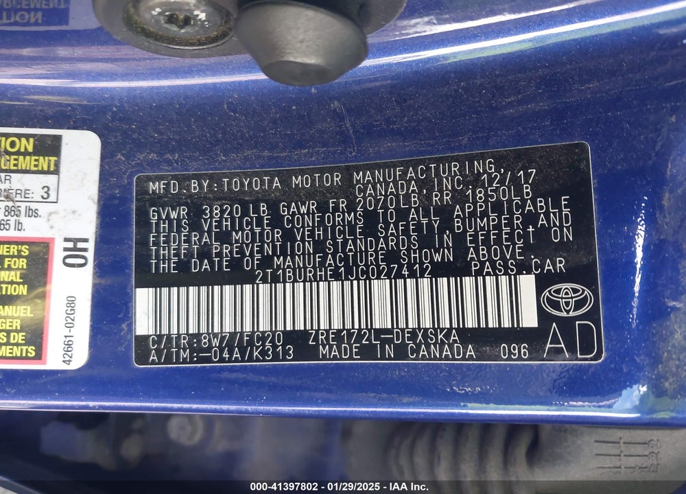 2018 TOYOTA COROLLA VIN: 2T1BURHE1JC027412